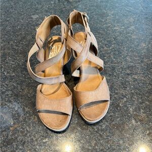 Miz Mooz Tan Suede Crisscross Strap Block Heel Sandals